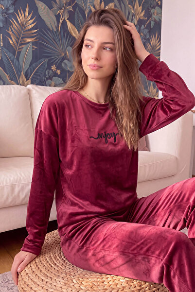 Pijamaevi Burgundy Patterned Exclusive Velvet Women's Pajama Set