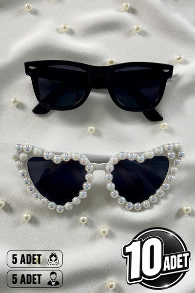 ZEYMERADE White Janjanli Pearl Hearted Bride and Groom Glasses, 10 Pieces Bri...