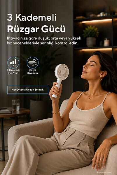 KUMTEL Şarj Edilebilir Mini El Vantilatörü | Type-C Şarjlı | 3 Kademeli | 400 mAh HFF-01C