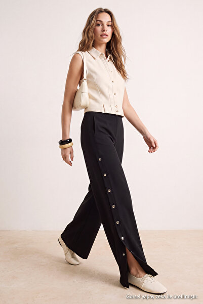 Trendyol Collection Black Wide Leg/Wide Leg Side Buttons Woven Fabric Pants T...
