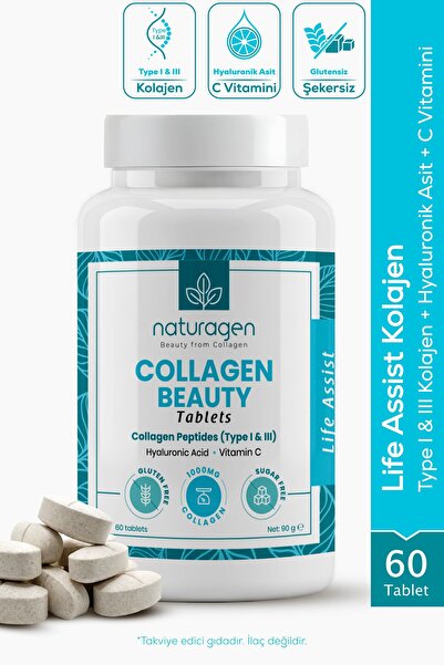 Naturagen Beauty Collagen 1000 mg 60 Tablet | Tip 1 & Tip 3 Kolajen | Hyaluro...