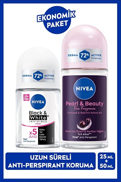 NIVEA Kadın Roll-on Deodorant Pearl&Beauty 50ml ve Mini Roll-on Black&White 2...