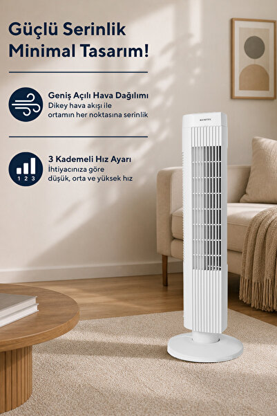 KUMTEL KTF-258W Kule Tipi Beyaz Vantilatör – 50W, Zaman Ayarlı, 3 Hız Kademeli, Sessiz Çalışma