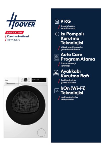 Hoover HBP 9N1BX-17 9 kg Wi-Fi Bağlantılı Isı Pompalı Kurutma Makinesi