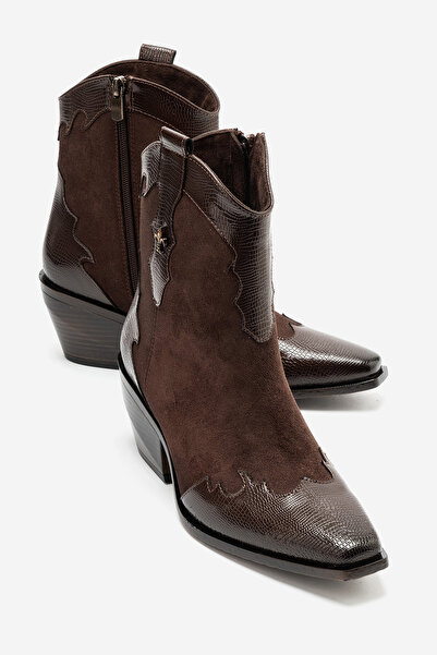 LuviShoes LOEL Кафяви суедни дамски ботуши с дебел ток и кафяв десен