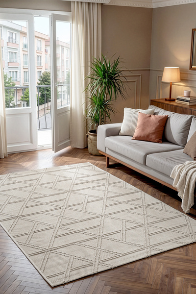 Koza Halı Alba Krem Tozumaz Halı Geometrik Salon Antre Koridor Yolluk Balkon ...