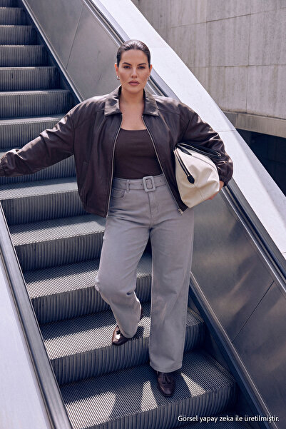 Trendyol Curve Gray High Waist Belted Plus Size Jeans Tbbaw27Cj00013