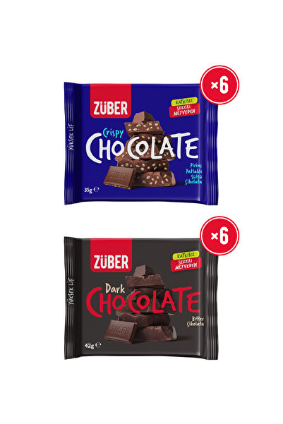 Züber Pirinç Patlaklı Sütlü Çikolata 35g x 6 Adet + Bitter Çikolata 42g x 6 Adet