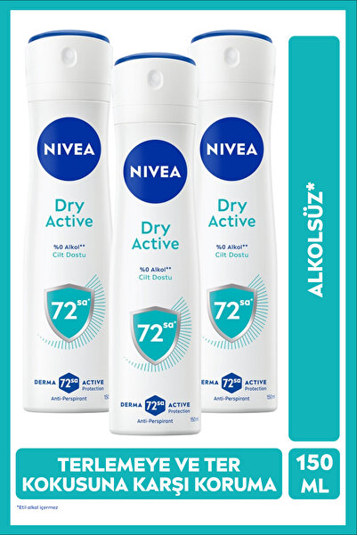 NIVEA Kadın Sprey Deodorant Dry Active 150ml, 72 Saat Terleme ve Ter Kokusu K...