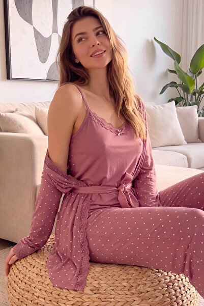 Pijamaevi Pudra Mini Puan Desenli Bambu Sabahlıklı Kadın Pijama Takımı