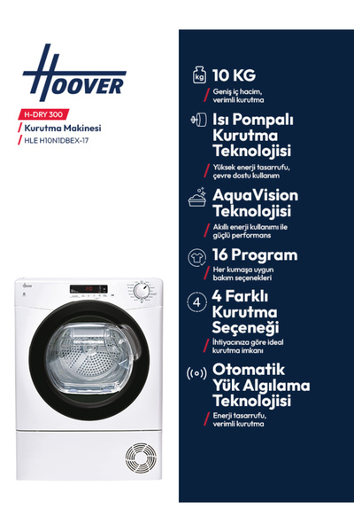 Hoover HLE H10N1DBEX-17 10 kg Çelik Kazanlı Isı Pompalı Kurutma Makinesi