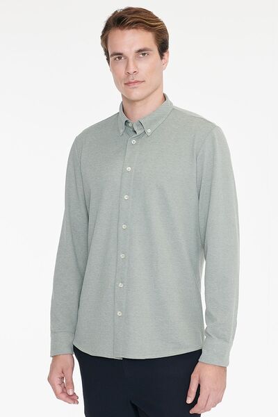 AC&Co / Altınyıldız Classics Erkek Haki Pamuklu Tailored Slim Fit Dar Kesim Düğmeli Yaka Örme Gömlek