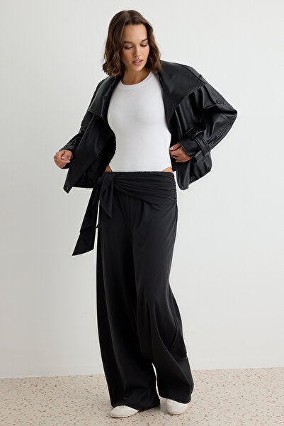 Trendyol Collection Black Premium Lyocell Content Summer Wide Leg Belted Regu...