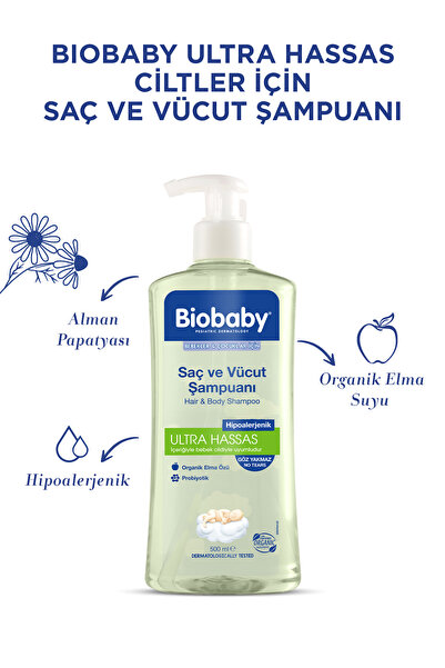 Biobaby Ultra Hassas Saç ve Vücut Bebek Şampuanı 500 ml - Organik Elma Suyu ve Prebiyotik İçerikli