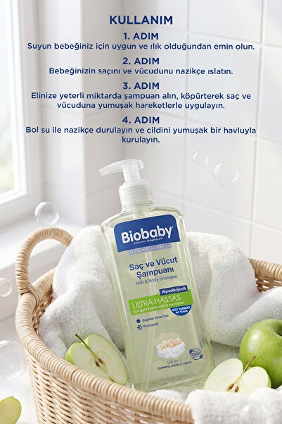 Biobaby Ultra Hassas Saç ve Vücut Bebek Şampuanı 500 ml - Organik Elma Suyu ve Prebiyotik İçerikli