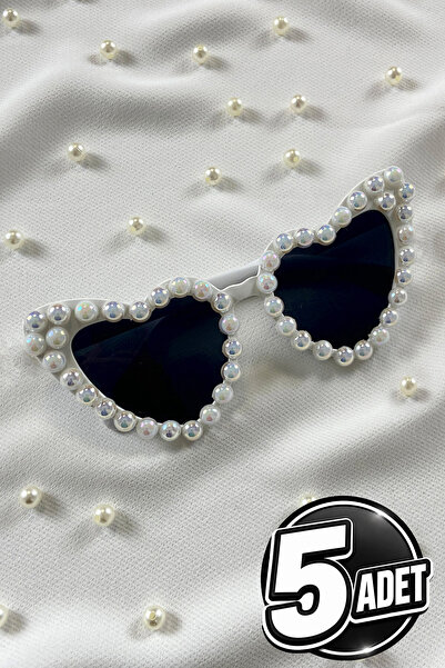 ZEYMERADE White Janjanli Pearl Heart Bridal Glasses, 5 Pieces Bride Bridesmai...
