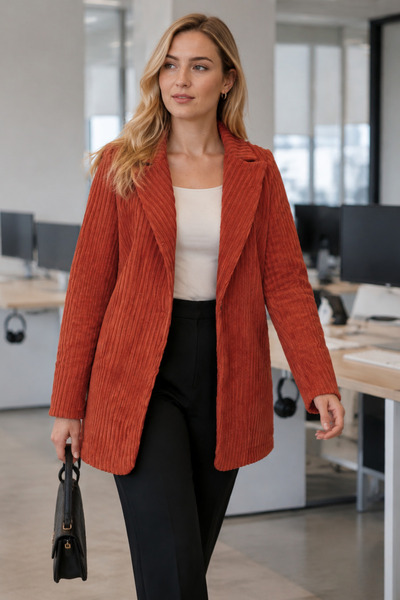 armonika Women's Dark Tile Single Button Velvet Jacket Arm-24K001043