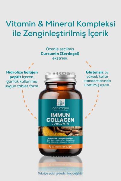 Naturagen Immun Collagen Curcumin 30 Tablets |   Zerdeçalı |   Hydrolyzed Collagen Peptides |   Supplemental Food