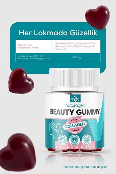 Naturagen Beauty Gummy Tip 1 & 3 Kolajen 60 Adet Jelibon Form | Takviye Edici Gıda | Hidrolize Kolajen