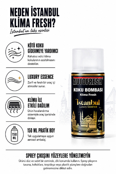 AutoFresh İstanbul Koku Bombası Klima Fresh Araç İçi Sprey 150 ml Kalıcı Premium Koku Giderici