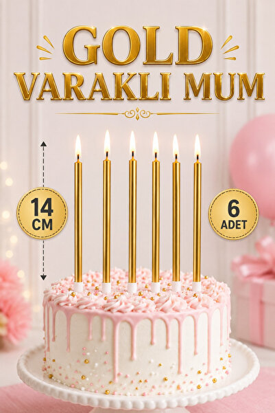Huzur Party Store 14 Cm Gold Varaklı Mum 6'lı Altın Sarısı Ince Uzun Doğum Gü...