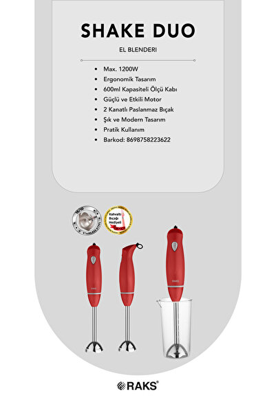 Raks Shake Duo 1200Watt Paslanmaz Çelik Bıçaklı 600 ML.Ölçme Kabı ve Kahvaltı Bıçağı Hediyeli El Blender