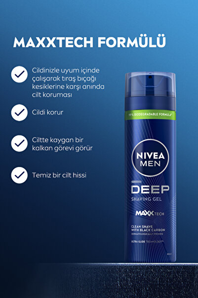 NIVEA MEN Erkek Tıraş Jeli Deep Dimension Aktif Karbon 200ml, Kusursuz ve Kaygan Tıraş, Sakal Temizleyici