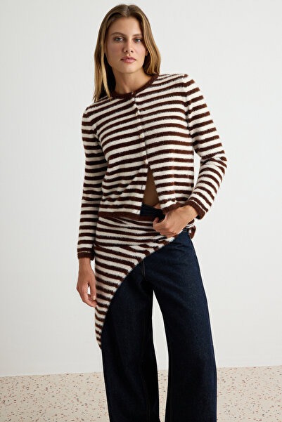 Trendyol Collection Stone Striped Soft Textured Detachable Shawl Knitwear Car...