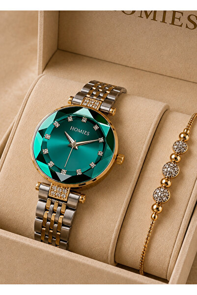 Homies Round Case Gold Silver Green Color Stone Women Wristwatch Steel Band J...
