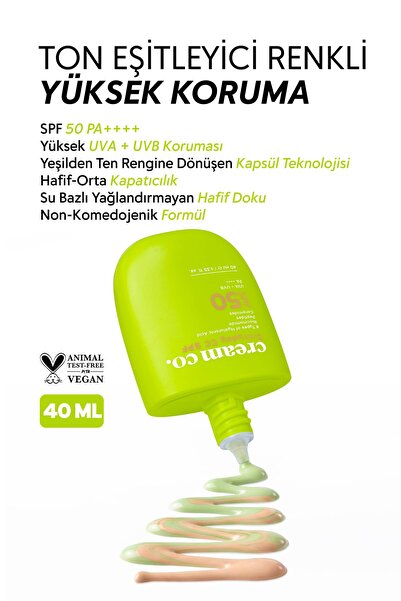 Cream Co. CC Krem SPF 50 Ton Eşitleyici Güneş Kremi | Leke Karşıtı Aydınlatıcı | Kızarıklık Karşıtı | Peptit