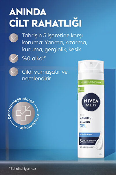 NIVEA MEN Erkek Hassas Koruma Tıraş Jeli 200ml, Hassas Ciltlere Özel, Yanma,Tahriş Karşıtı,Alkolsüz