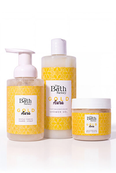 THE BATH FACTORY Gold Aura Duş Jeli + Vücut Peelingi + Köpük Sabun