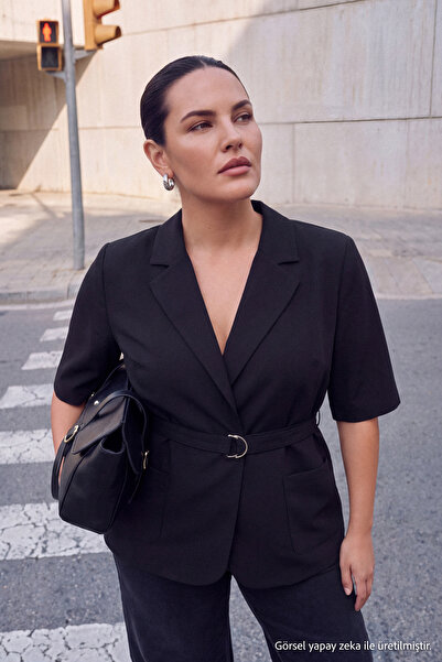Trendyol Curve Black Short Sleeve Belted Woven Plus Size Jacket Tbbaw27Ag00027