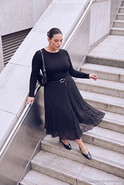 Trendyol Curve Black Polka Dot Patterned Tulle Knitted Plus Size Skirt Tbbaw2...