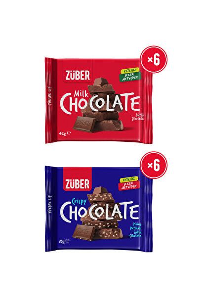 Züber Sütlü Çikolata 42g x 6 Adet + Pirinç Patlaklı Sütlü Çikolata 35g x 6 Adet