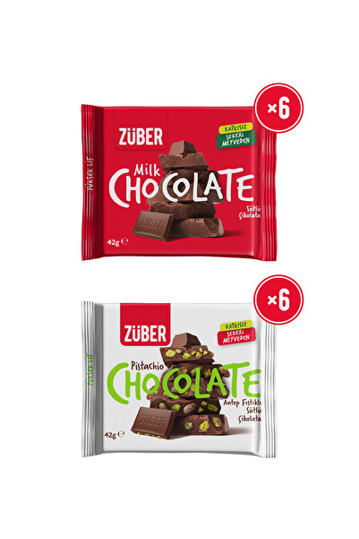 Züber Antep Fıstıklı Sütlü Çikolata 42g x 6 Adet + Sütlü Çikolata 42g x 6 Adet
