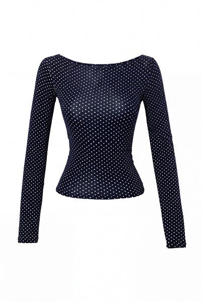 Trendyol Collection Navy Blue Polka Dot Fitted/Bodycon Boat Neck Lycra Combed...