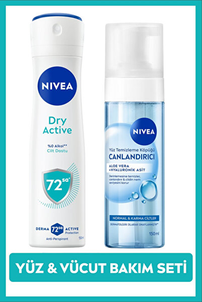NIVEA Kadın Sprey Deodorant Dry Active 150ml ve Canlandırıcı Yüz Temizleme Kö...