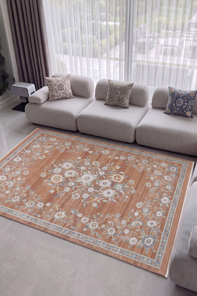 Cool Halı Floor Somon Vintage Floral Çiçekli Salon Oturma Odası Dekoratif Rob...