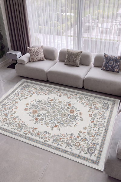 Cool Halı Floor Krem Çiçek Desenli Yumuşak Salon Oturma Odası Dört Mevsim Vin...