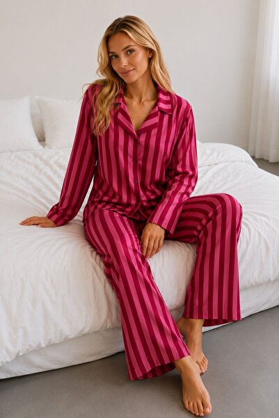 BELLA NOTTE Pink Burgundy Striped Belmando Woven Long Sleeve Buttoned Pajama Set