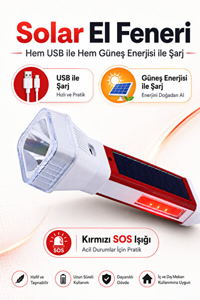 Badem10 USB Şarjlı - Güneş Enerjili El Feneri Kamp Lambası 5 Işık Modlu Beyaz...
