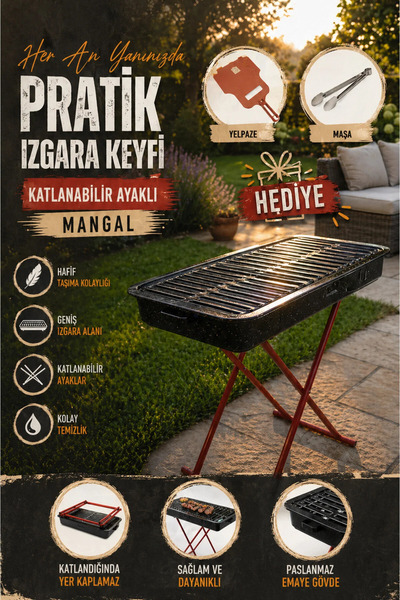 Kampavm Katlanabilir Ayaklı Emaye Mangal 65x35 cm Piknik Kamp Izgarasıa