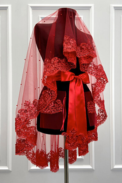 ZEYMERADE Red Bridal Veil Set, Sparkling Lace and Pearl Embellished Henna Nig...