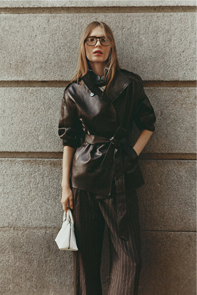 LEFTIES WOMEN TRENCH MIDI BELT HIGH NECK PU