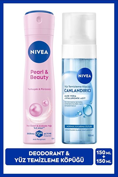 NIVEA Kadın Sprey Deodorant Pearl&Beauty 150ml ve Canlandırıcı Yüz Temizleme ...