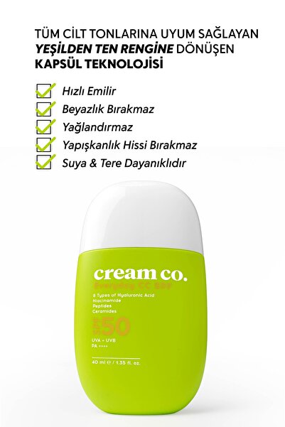 Cream Co. CC Krem SPF 50 Ton Eşitleyici Güneş Kremi | Leke Karşıtı Aydınlatıcı | Kızarıklık Karşıtı | Peptit