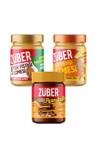 Züber Peanutzilla 315g + Ballı Yer Fıstığı Ezmesi 315g + %100 Yer Fıstığı Ezm...