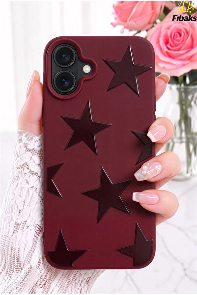 Fibaks iPhone 16 Kılıf Bordo Yıldız Star Desenli Silikon Darbe Emici Klasik S...