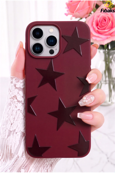 Fibaks iPhone 14 Pro Max Kılıf Bordo Yıldız Star Desenli Silikon Darbe Emici ...